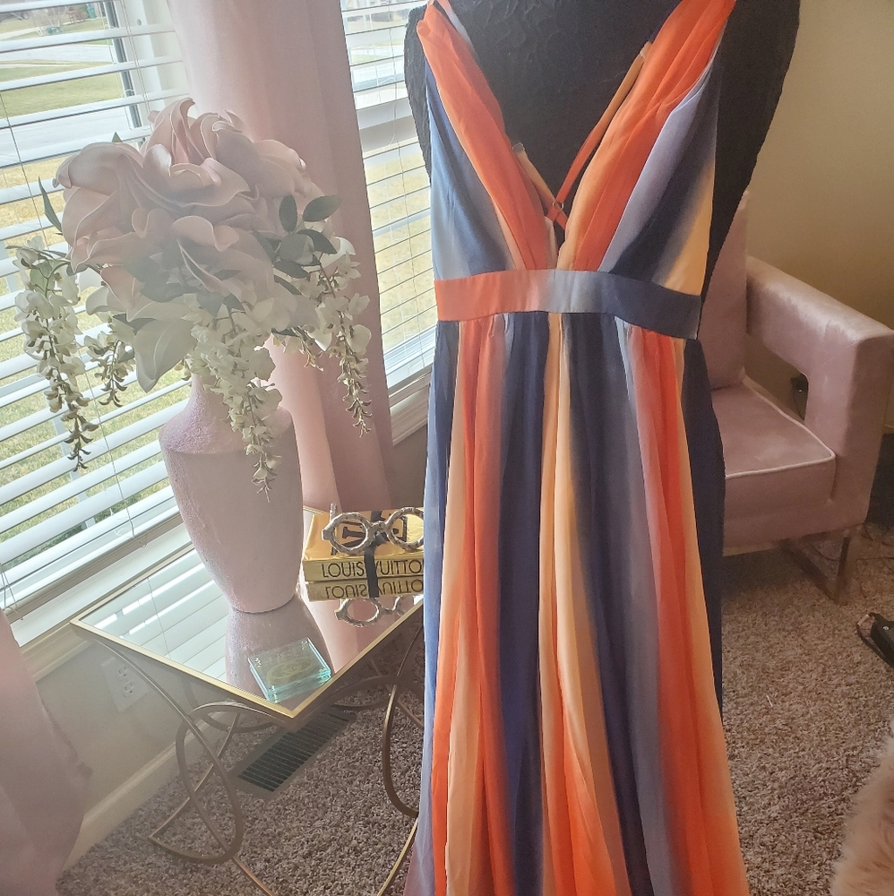 Women’s Maxi Dress in Orange, Blue & Cream — V-Neck Striped Silky Gown